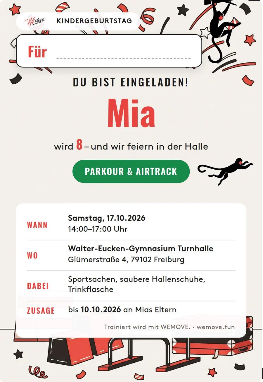 Einladungskarte im WEMOVE.-Design mit Datum, Uhrzeit, Halle und einem Feld für den Namen des eingeladenen Kinds