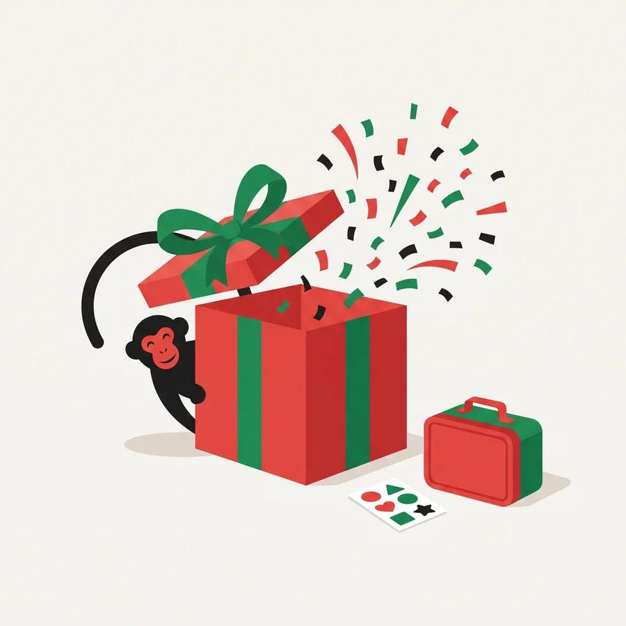 Illustration: der WEMOVE.-Affe schaut aus einer offenen Geschenkbox, daneben eine Brotdose und Sticker